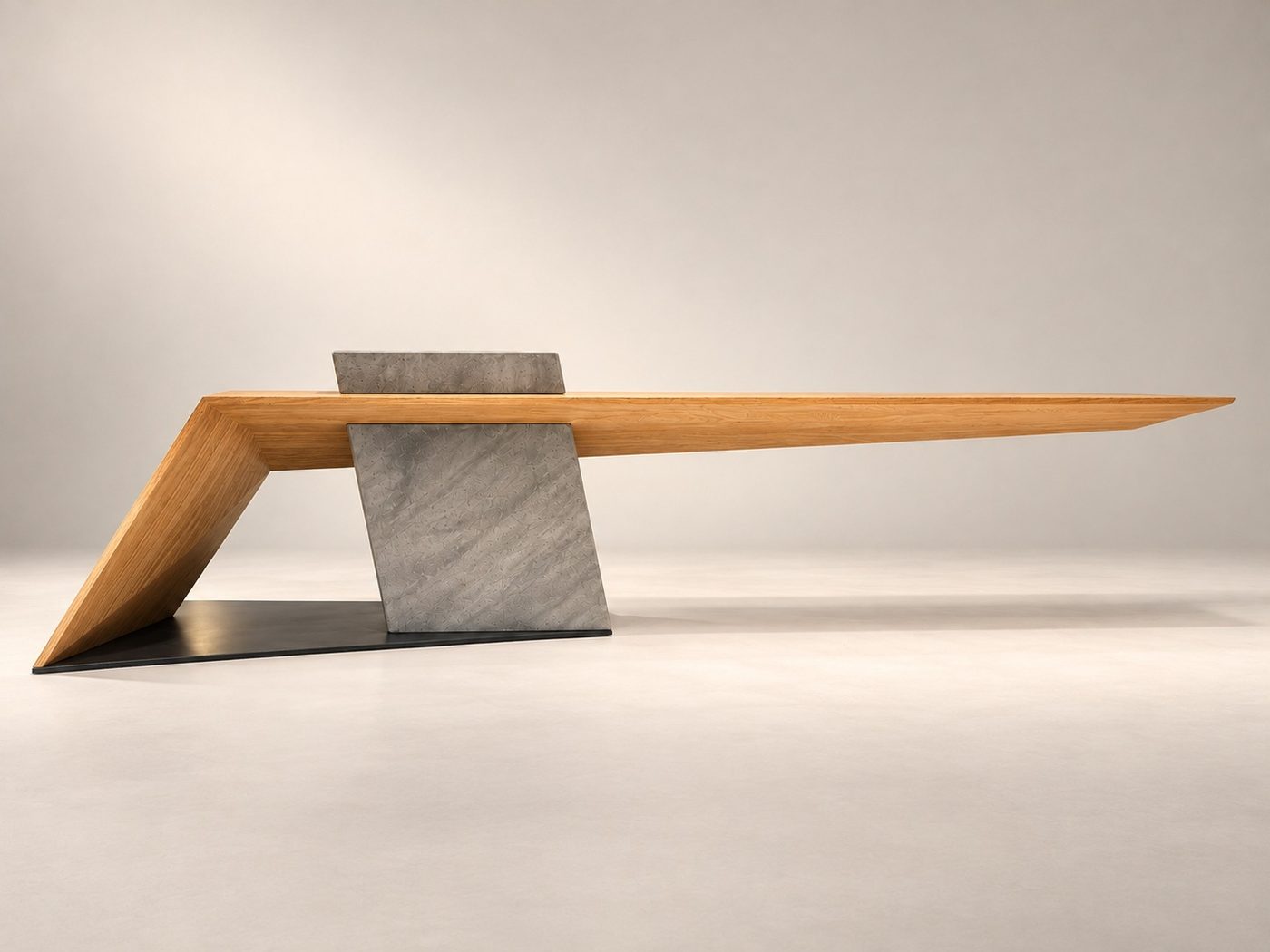 Ancrage by Abdou Diouri, sculptural oak cantilever on an inclined concrete block with a steel base.